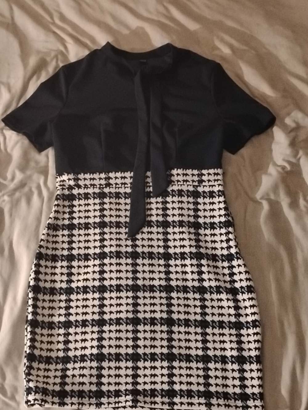 Navy and White Houndstooth Tie-Neck Dress